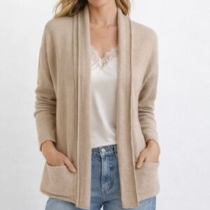 Max Studio 100% Cashmere Sweater 2Ply Shawl Collar Front Wrap Creamy Beige Tan M